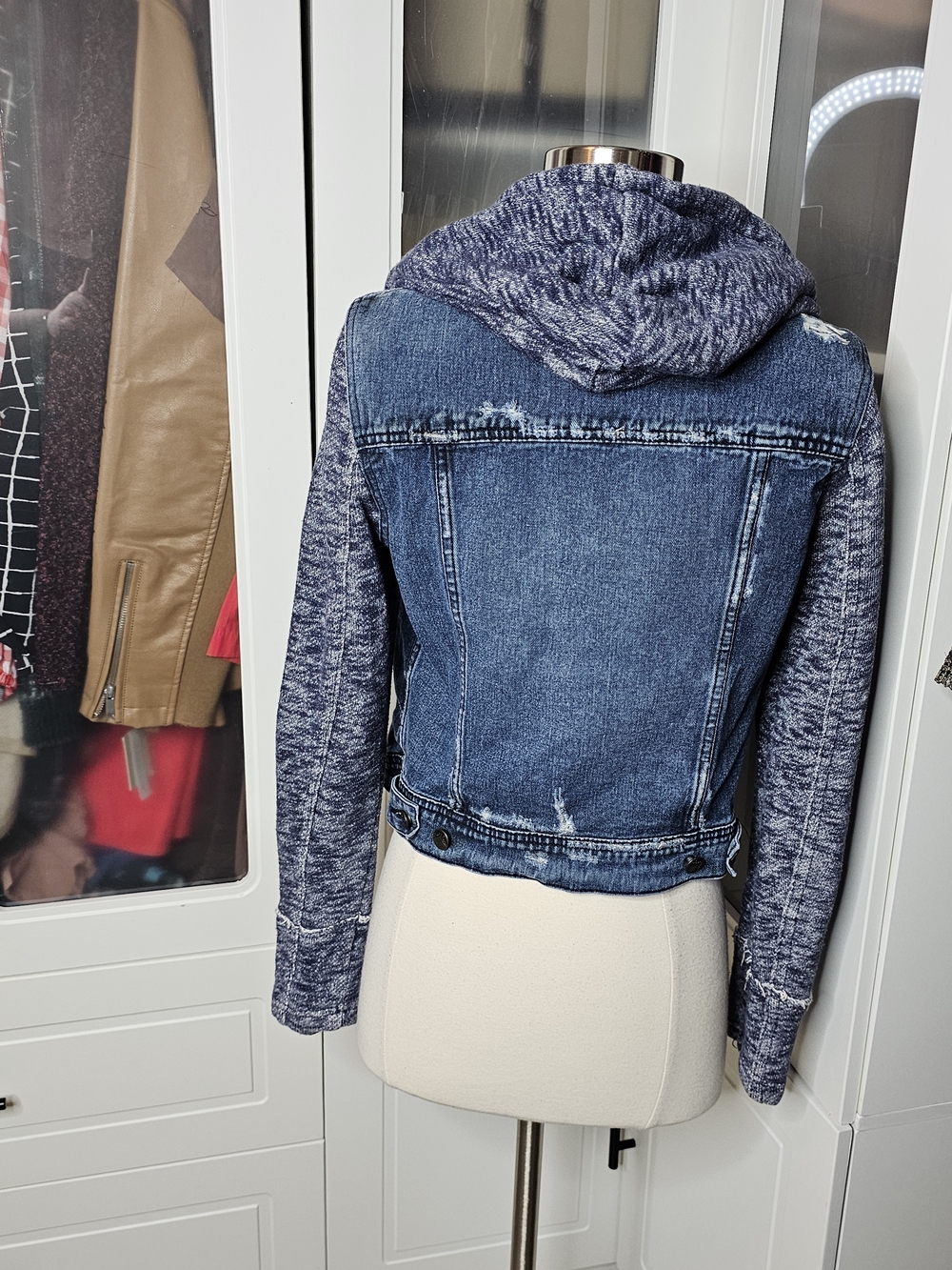 Free People Denim Hooded Jacket with Knit Sleeves - Blue - Picture 4 of 8